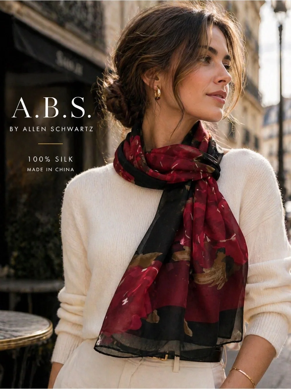 A.B.S. Allen Schwartz 100% Silk Square Scarf Burgundy Floral Luxe